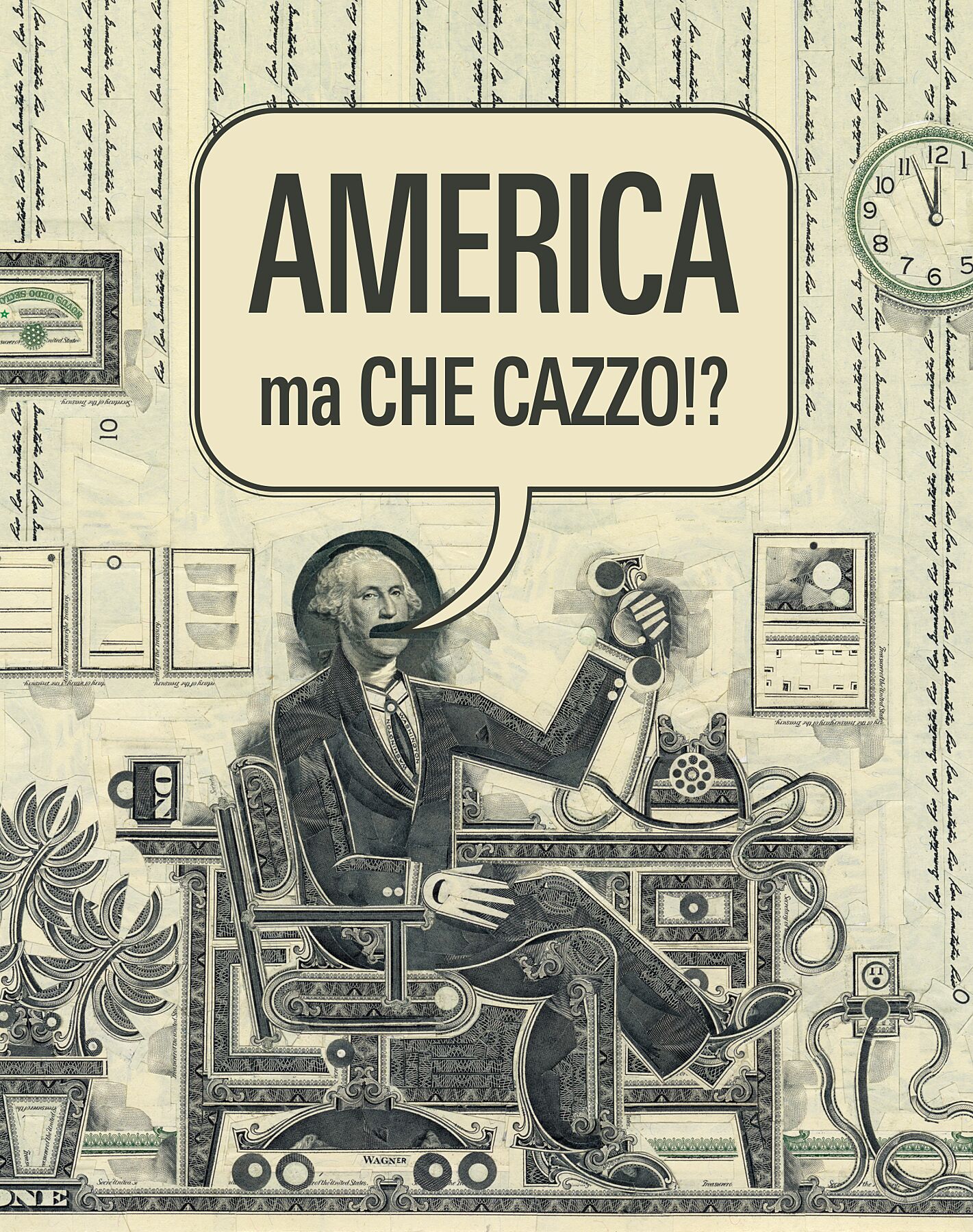 Mark Wagner, America, WTF (Italian) (2025) archival pigment print by Mark Wagner from original currency collage, 11×14 in