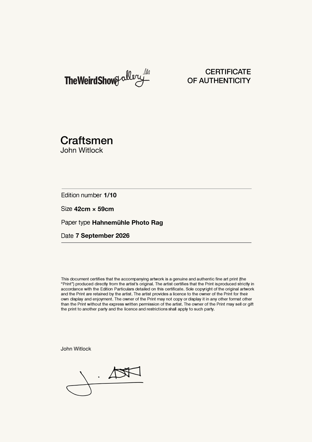 Craftsmen — Certificate of Authenticity