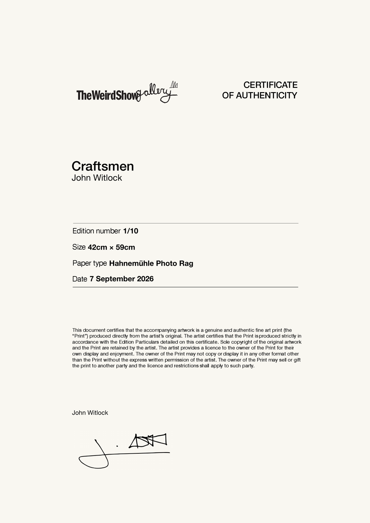 Craftsmen — Certificate of Authenticity