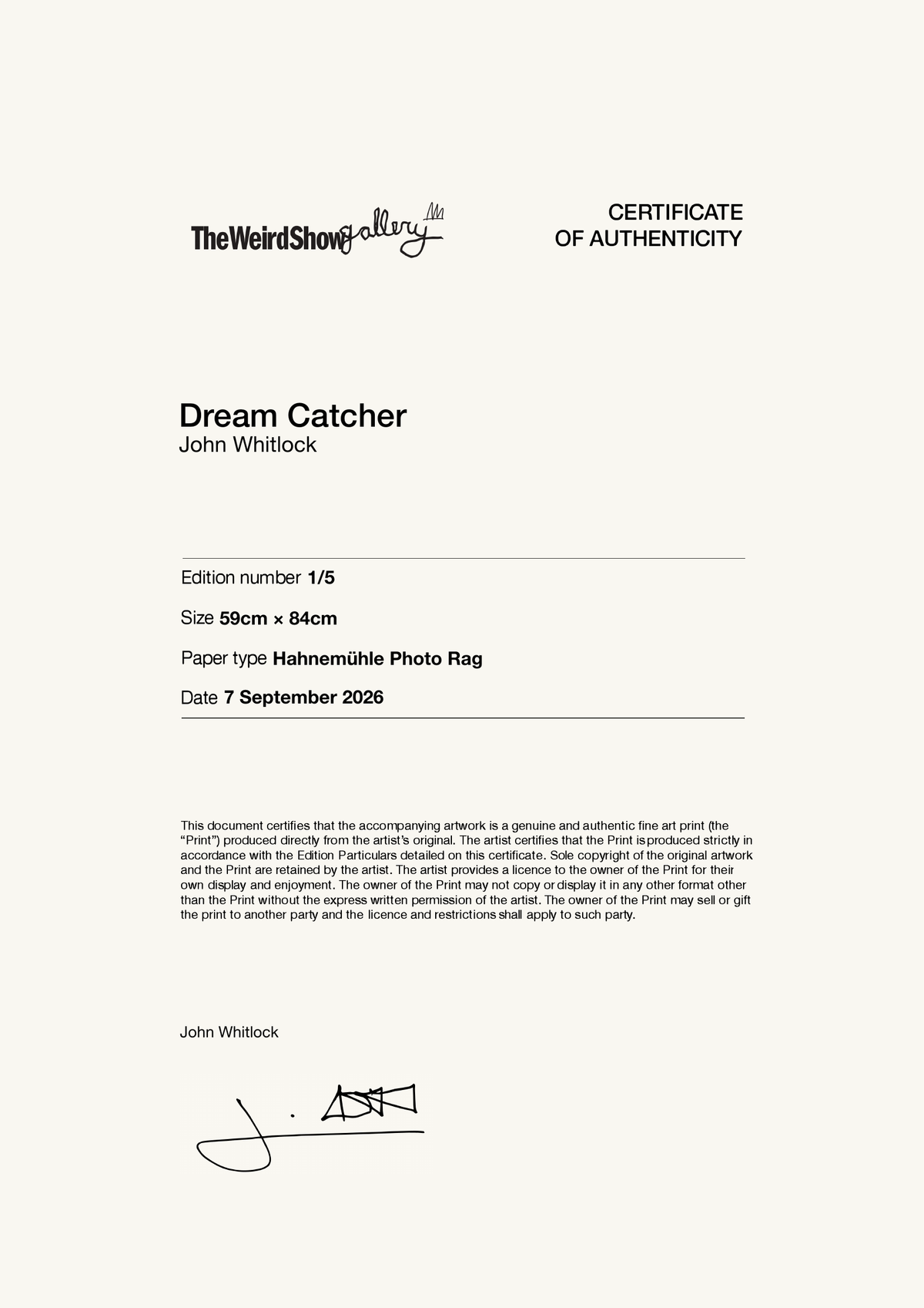 Dream Catcher — Certificate of Authenticity