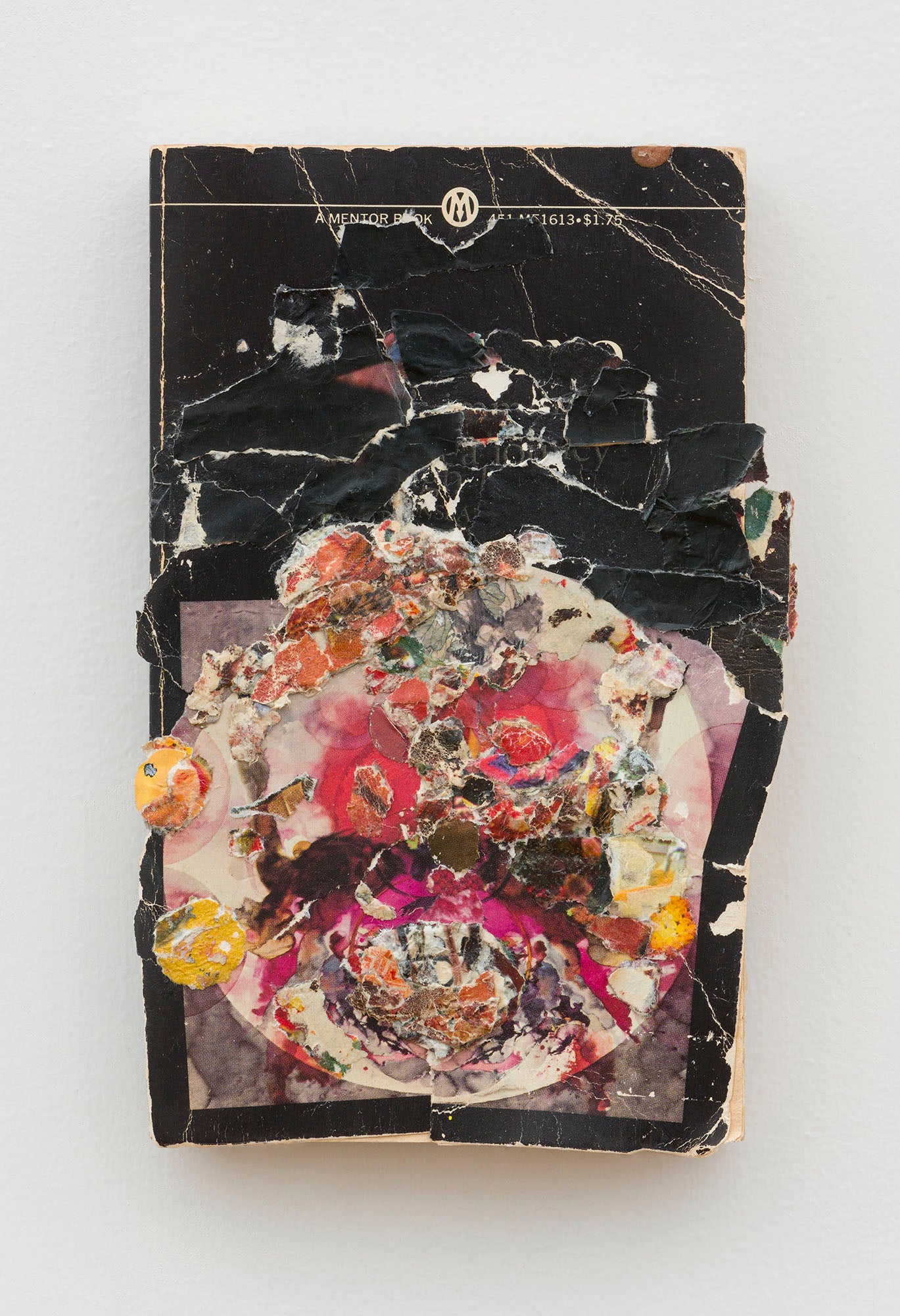 Infinite Torment (Inferno) (2023) collage/decollage by Andrea Burgay on paperback book, 7.25×4.75×0.5 in