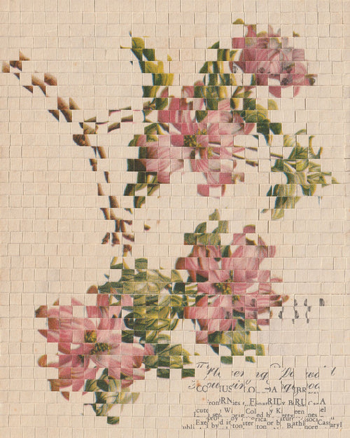 Floral 01 (2025) archival pigment print by Susana Blasco, from antique postcard collage, 5.3×3.1 in; 4 sizes, edition varies