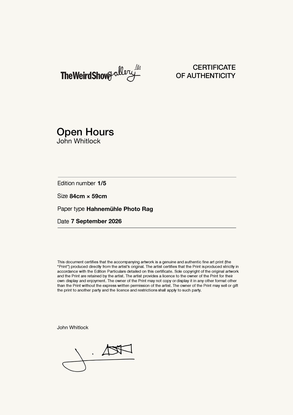 Open Hours — Certificate of Authenticity
